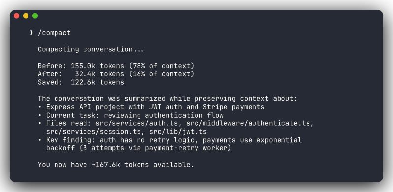 The /compact command reclaiming context space