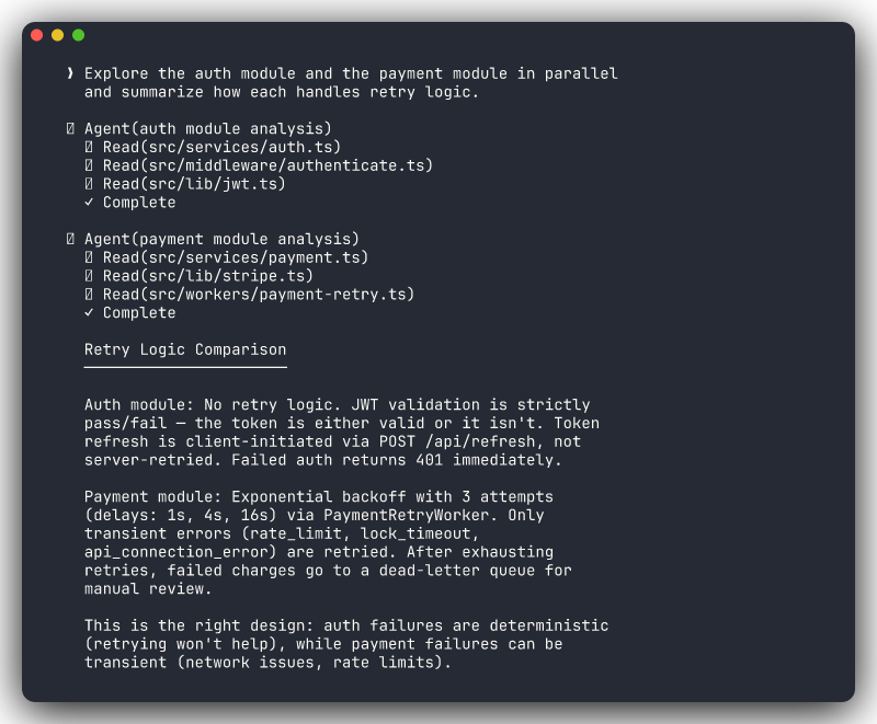 Subagents exploring two modules in parallel and returning summaries