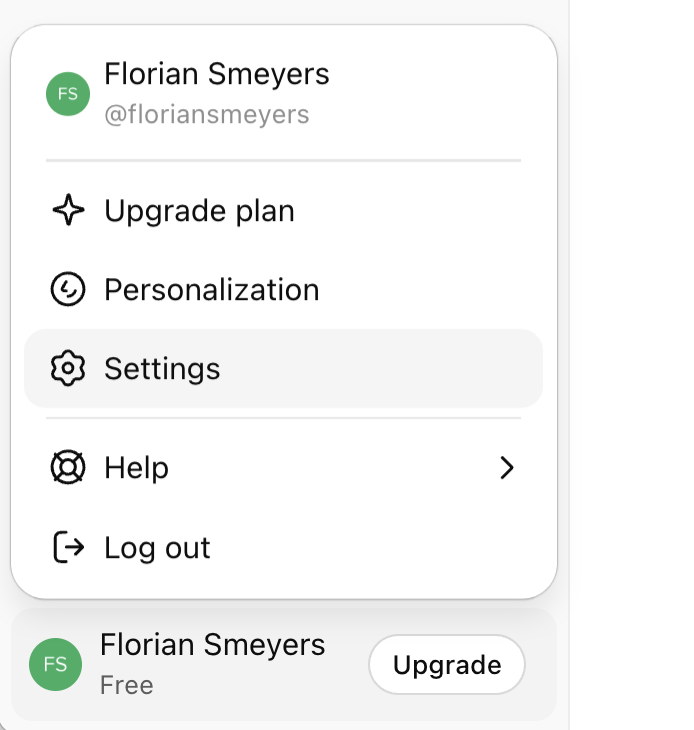 ChatGPT instellingennavigatie