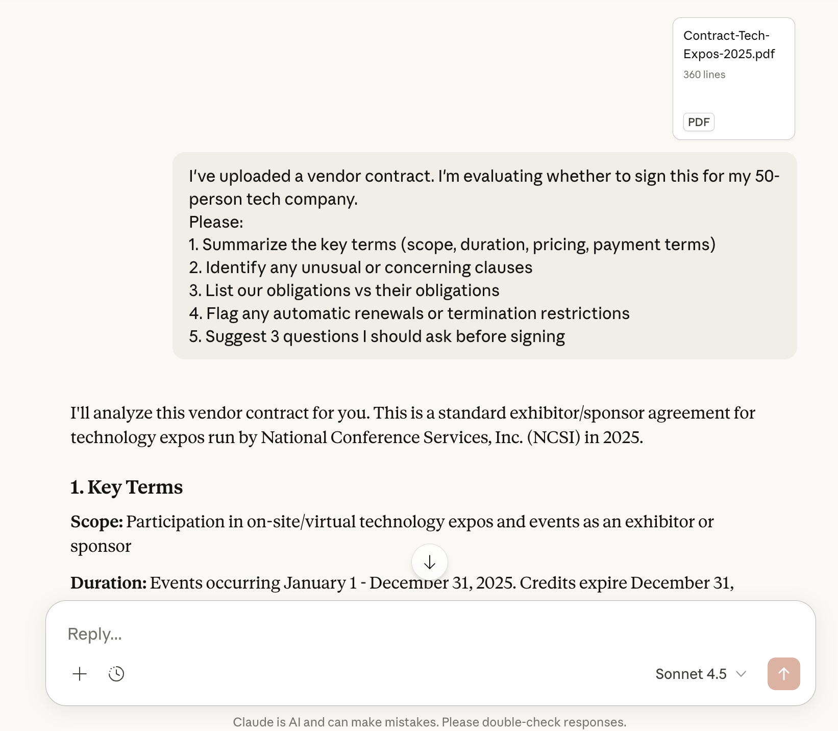 Claude analyzing a contract - obligations