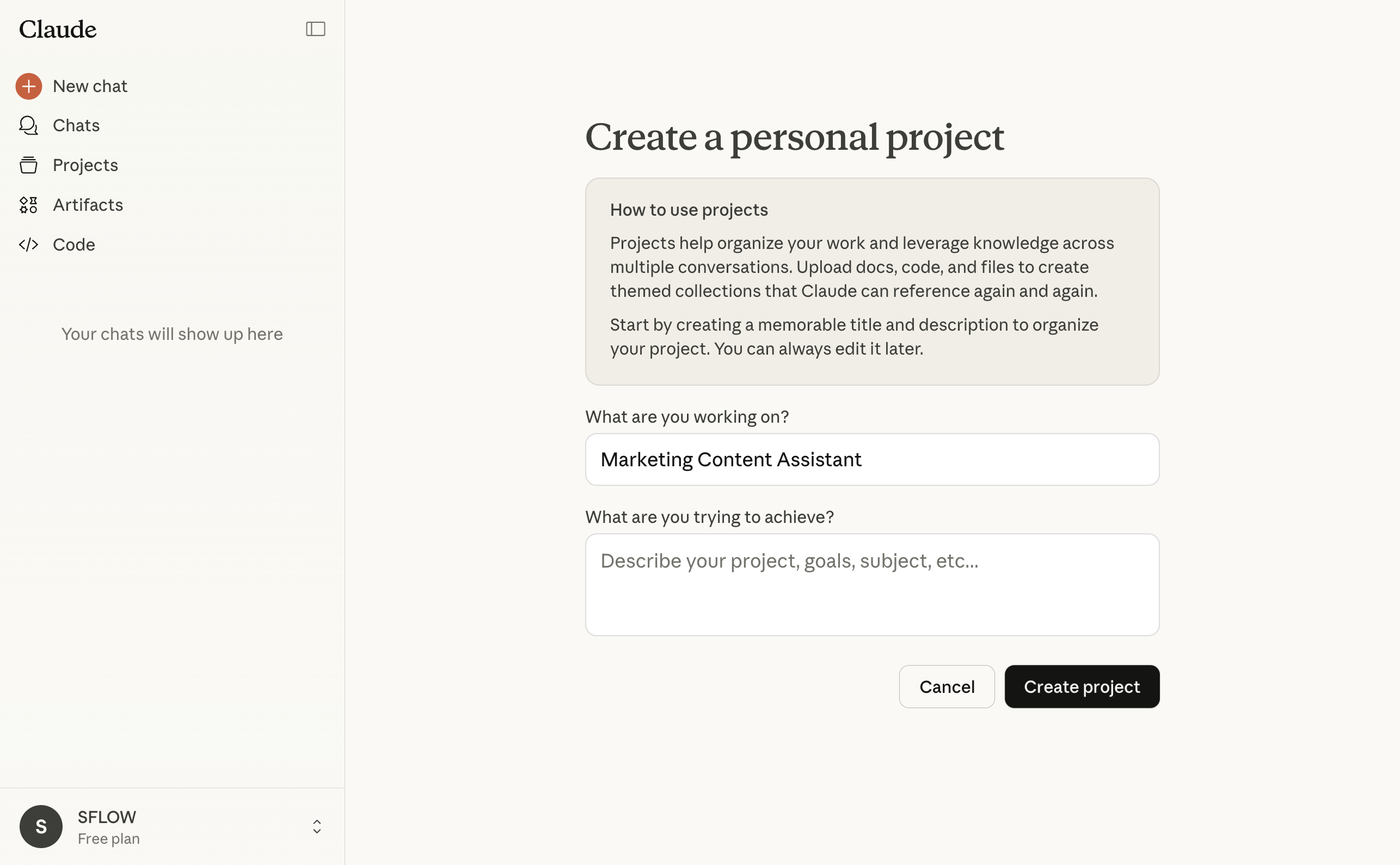 Nieuw project aangemaakt in Claude