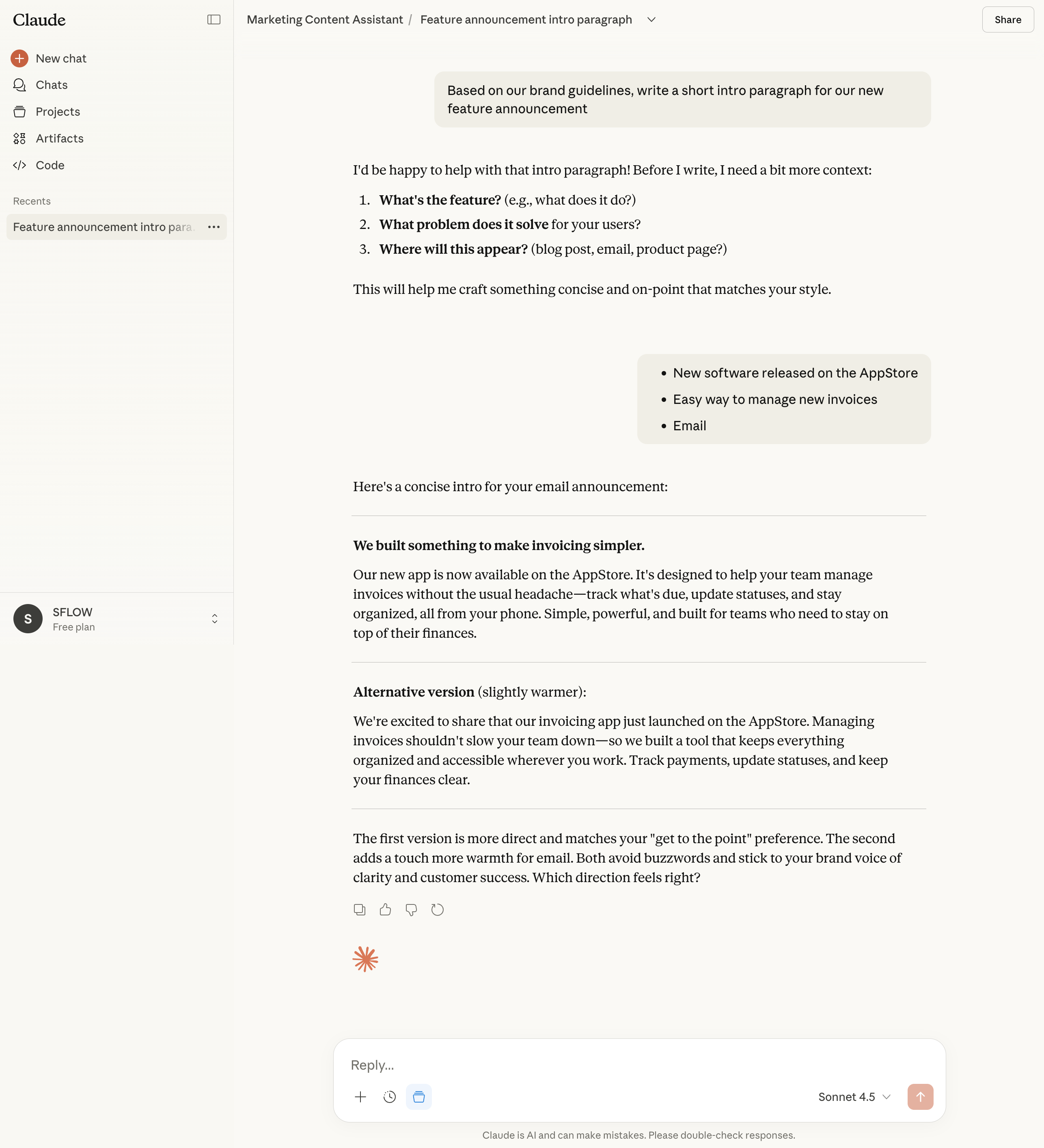 Claude gebruikt projectcontext in antwoord