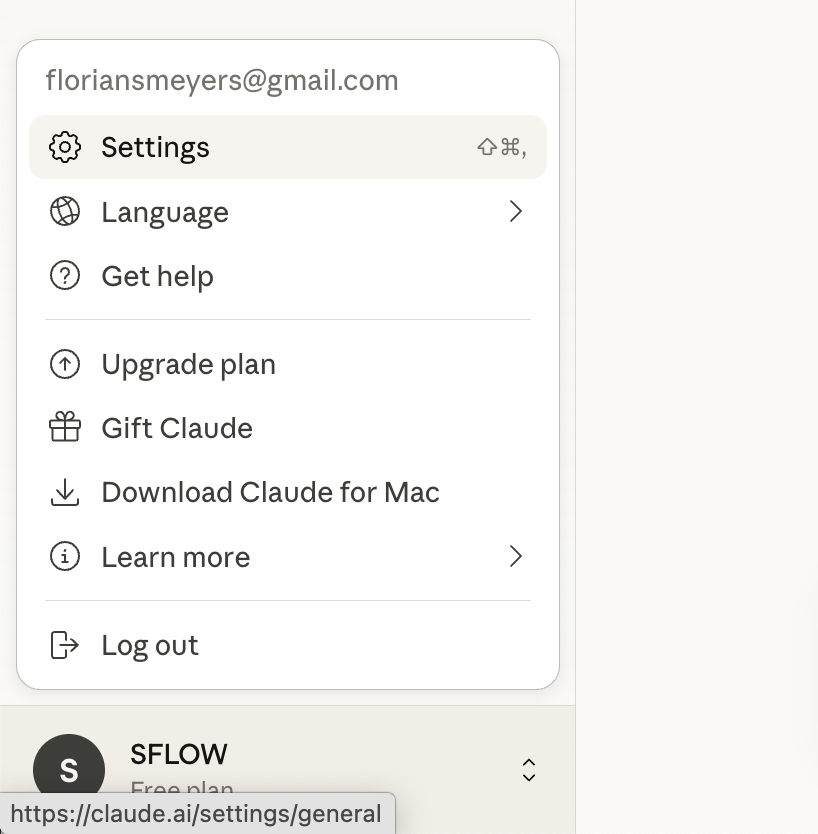Claude instellingennavigatie