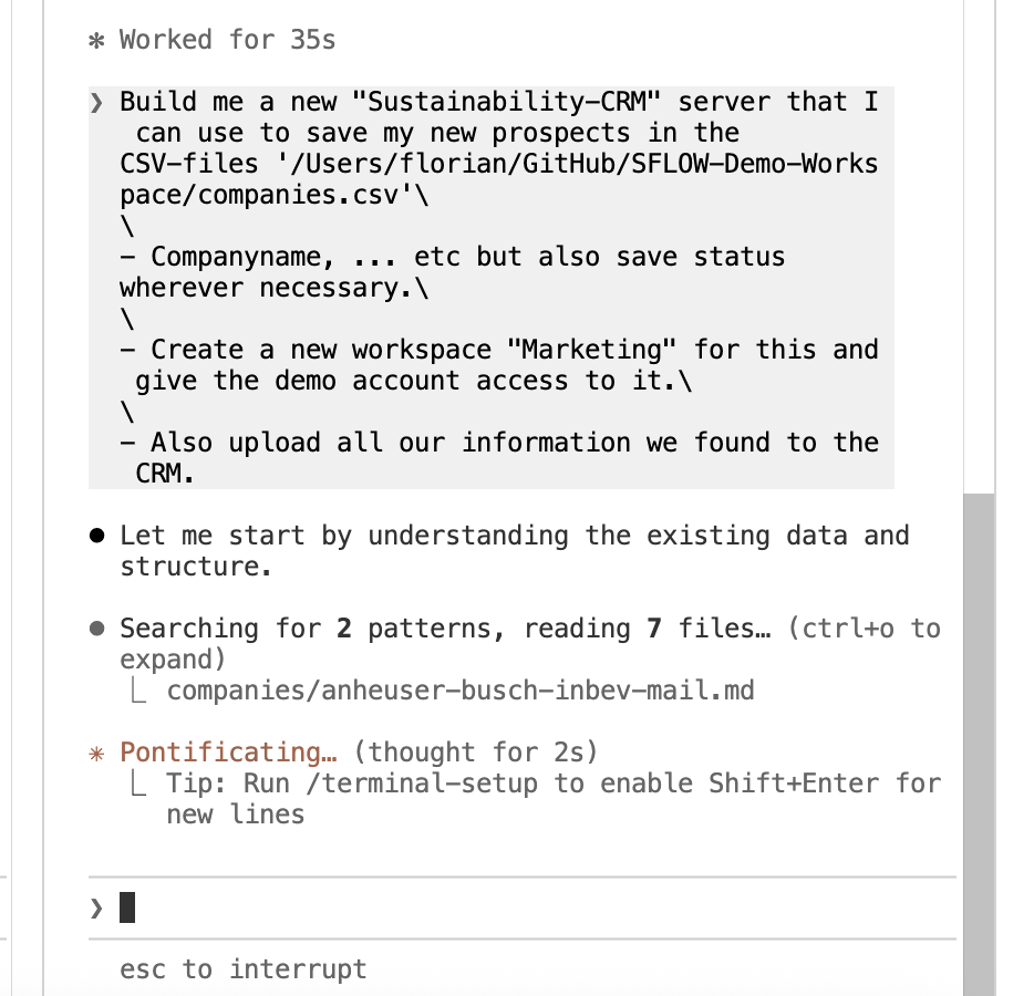 The prompt to build a Sustainability-CRM server, create a Marketing workspace, and upload all prospect data