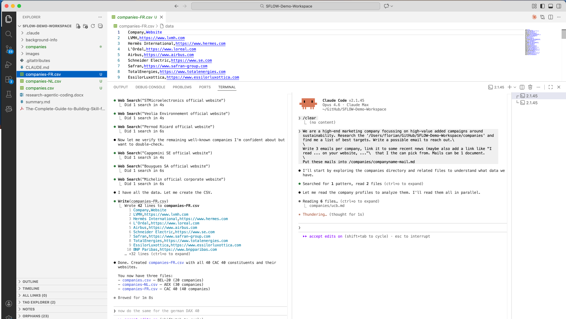 CAC 40 companies being researched — companies-FR.csv in the editor, agents researching French companies in parallel
