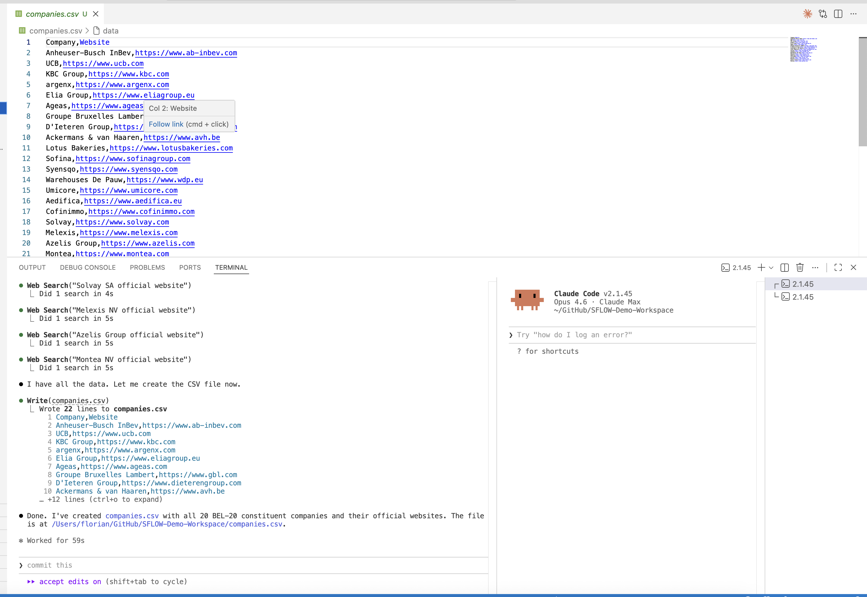 companies.csv open in VS Code with 20 BEL-20 companies and their websites, terminal showing the completed task