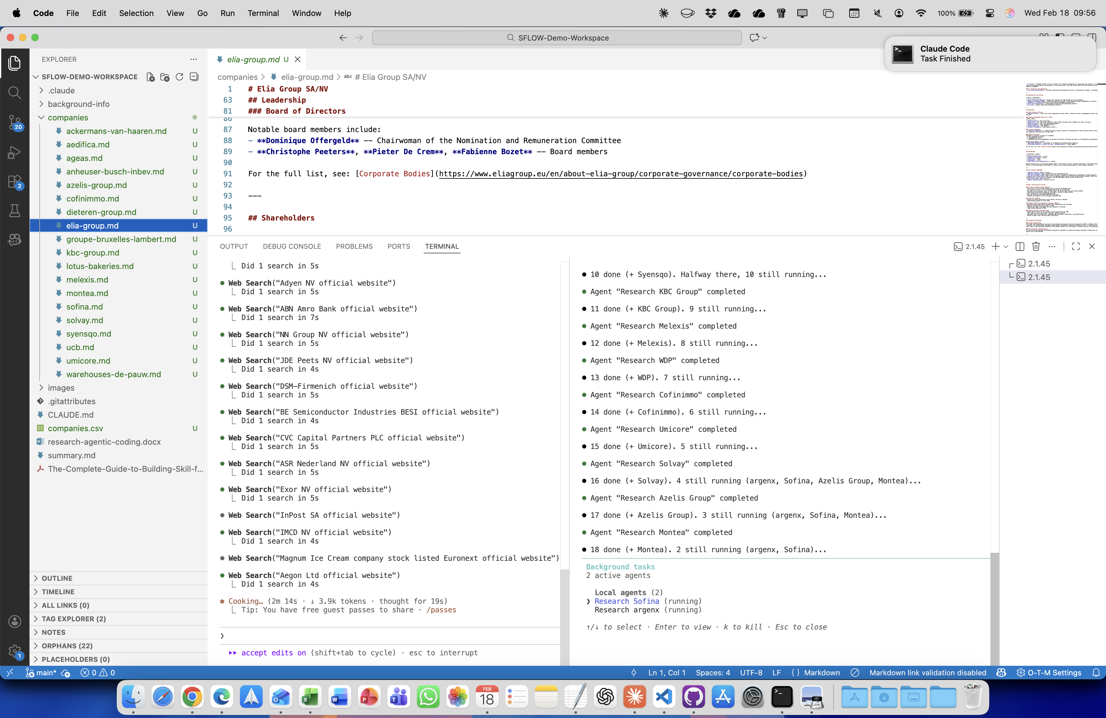 File tree with per-company markdown files, elia-group.md open showing leadership and board details, agents completing in the panel
