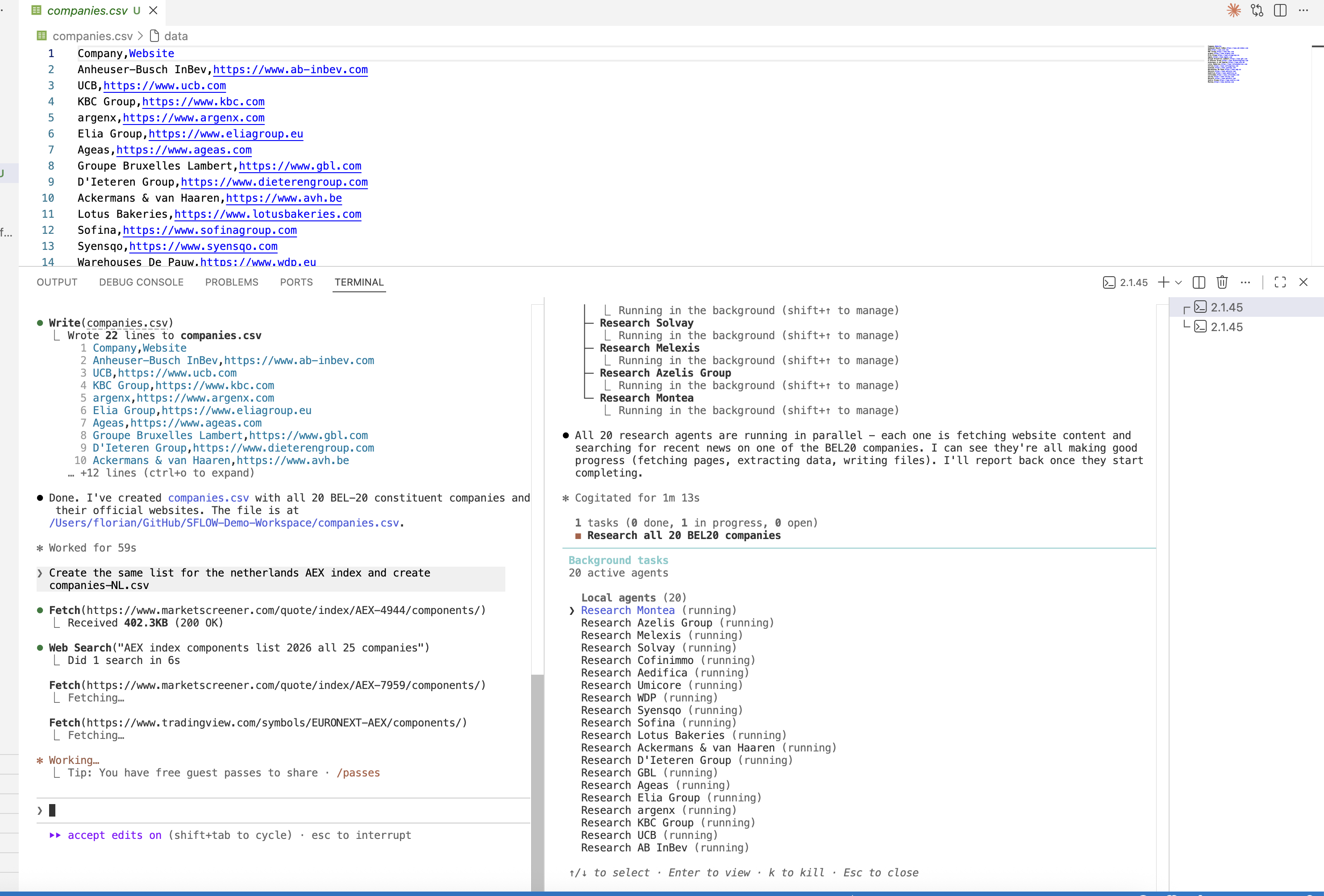 Full VS Code workspace: companies.csv in the editor, terminal output, 20 agents running in the panel, and the AEX index research beginning