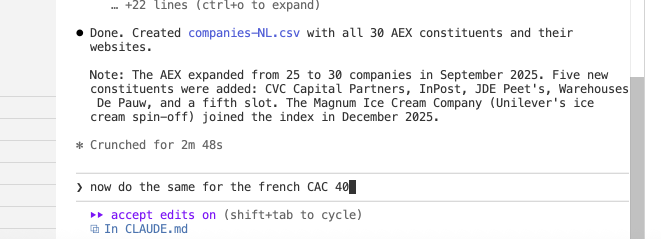 The prompt "now do the same for the french CAC 40" with accept edits on