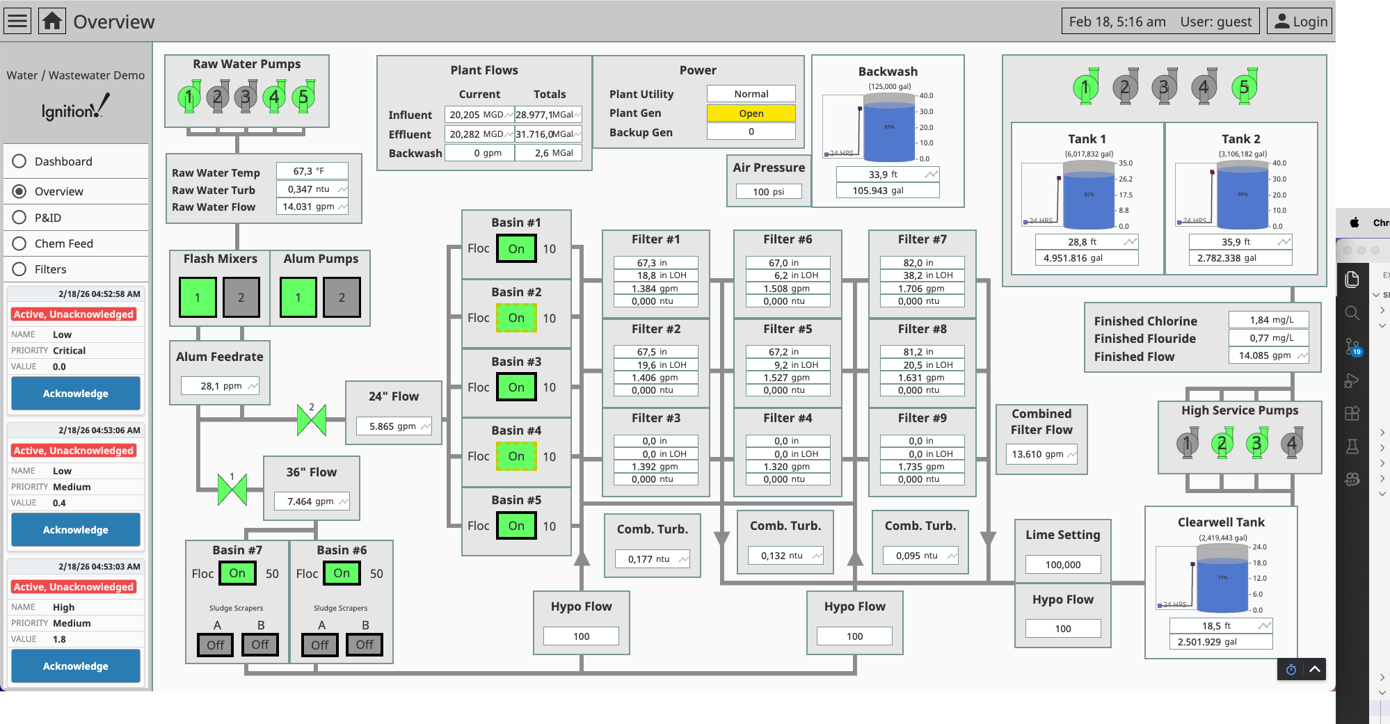 The water treatment plant overview in Ignition Perspective — raw water pumps, settling basins, filter bank, tanks, and distribution