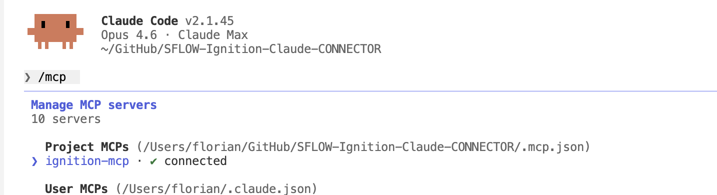 Claude Code showing ignition-mcp server connected via project MCP configuration