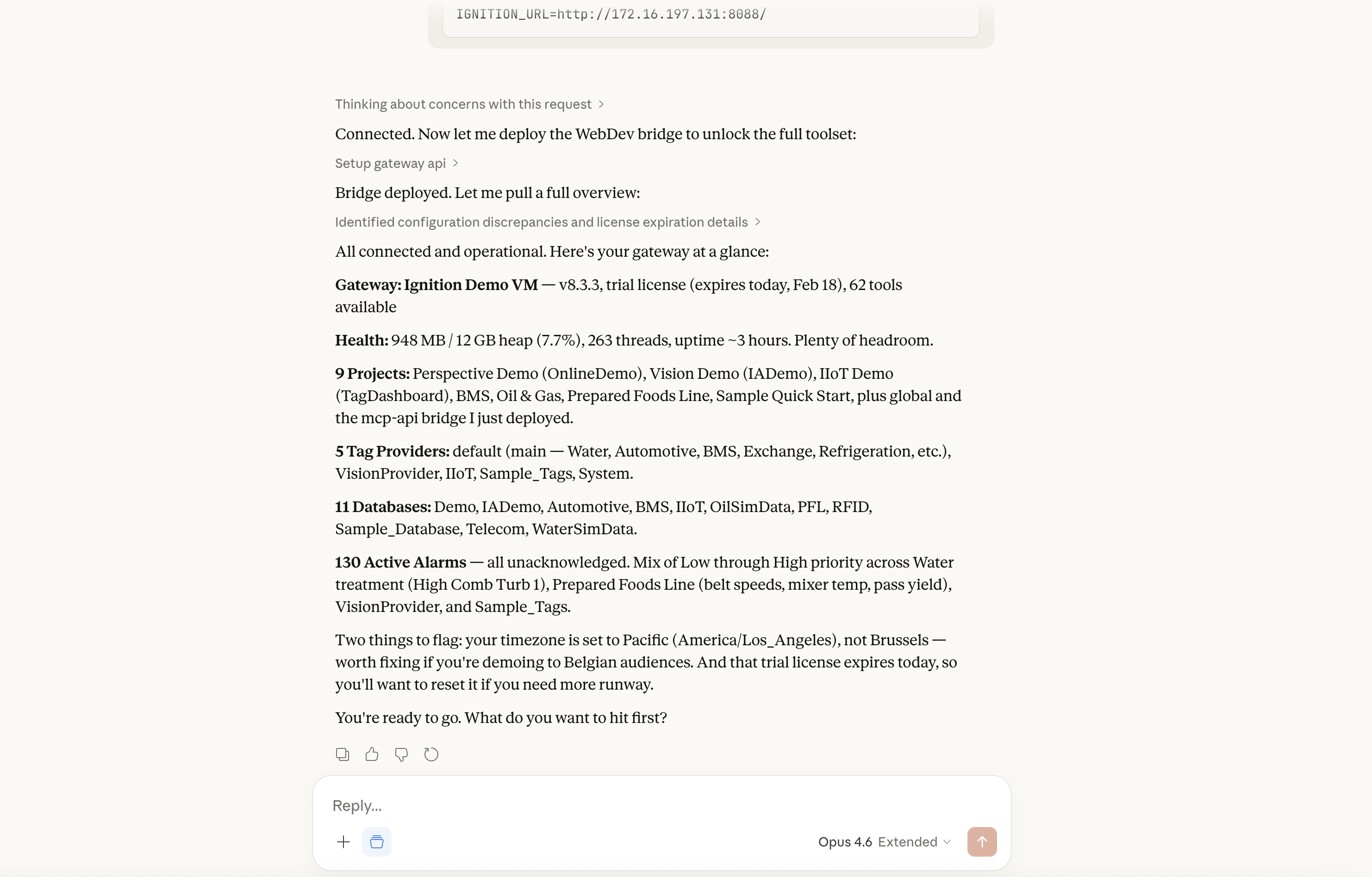 Complete gateway overview showing 9 projects, 5 tag providers, 11 databases, 130 active alarms, health metrics, and configuration flags