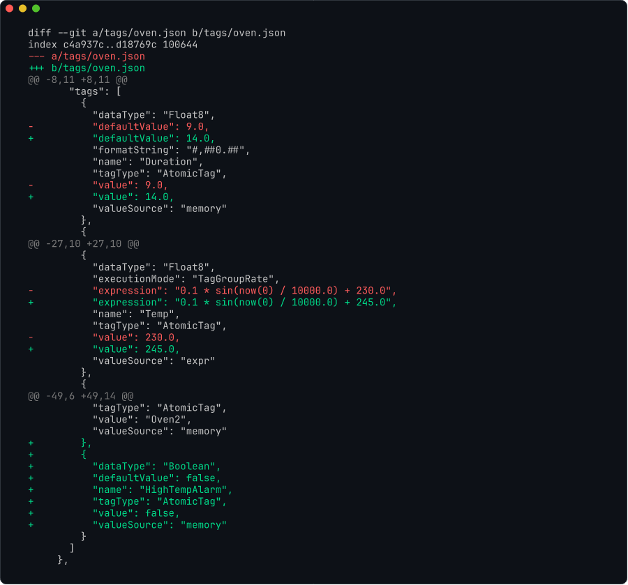 Git diff showing tag configuration changes between snapshots