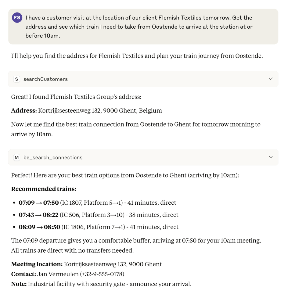 Initial query showing train search and CRM lookup