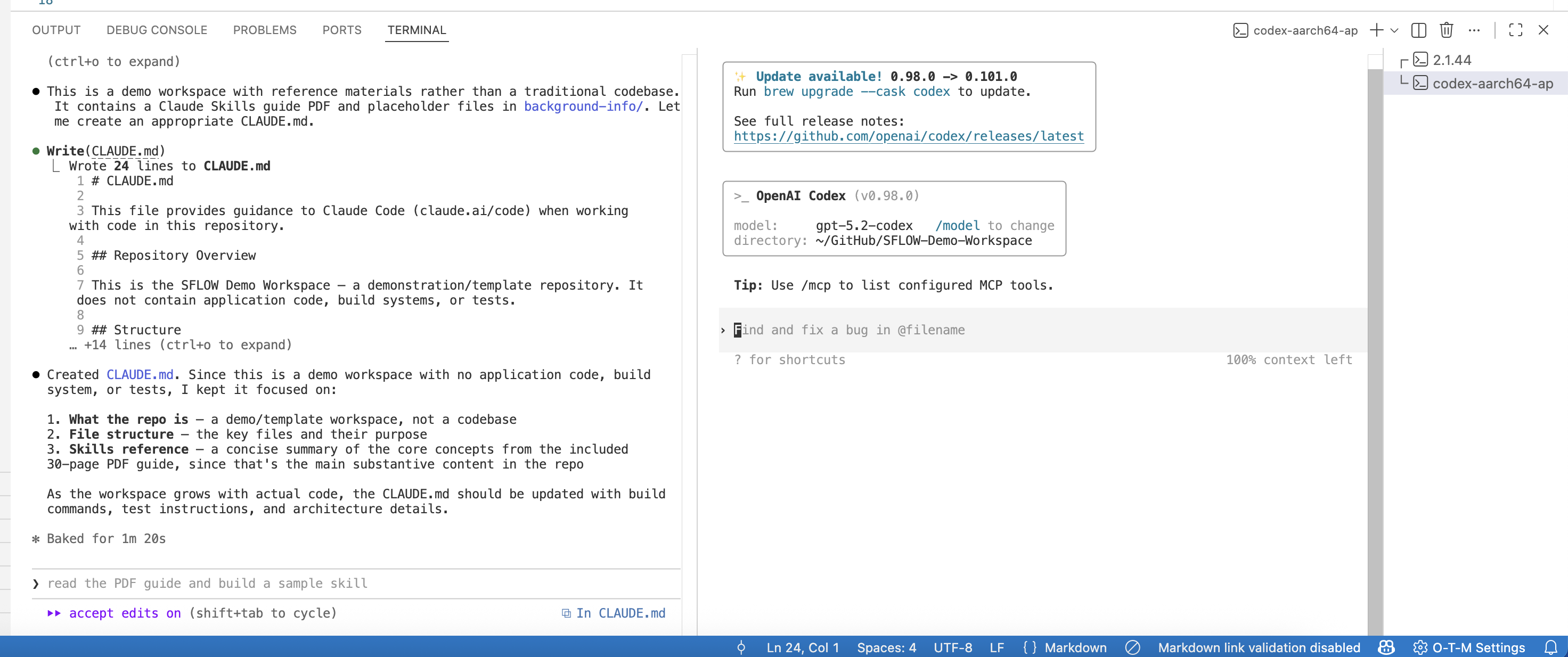 Claude Code and OpenAI Codex running side by side in VS Code's split terminal — same editor, different AI providers