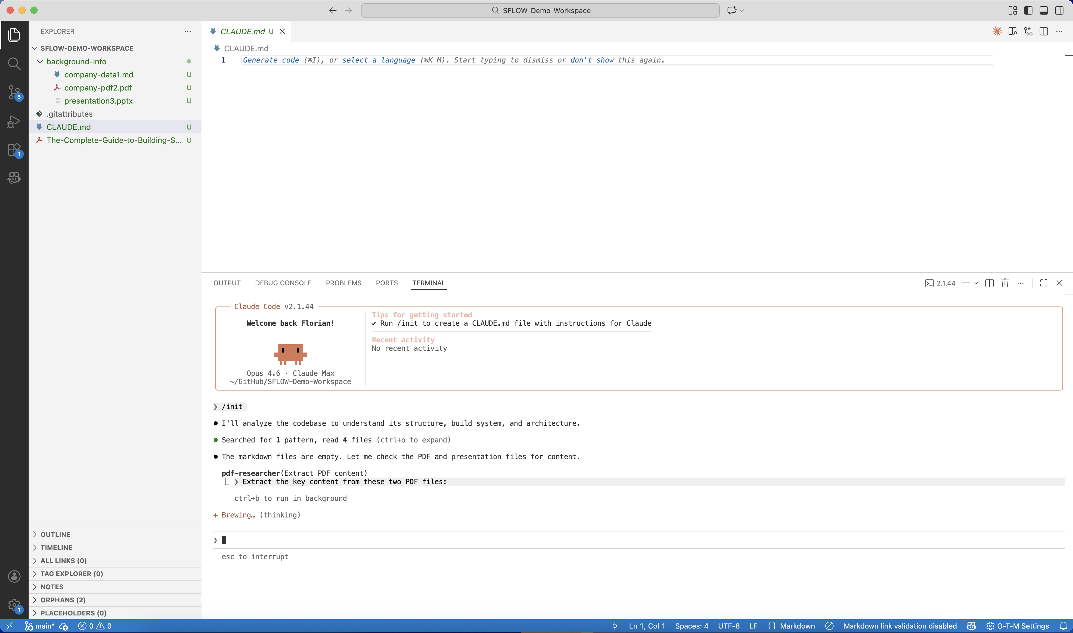 VS Code with Claude Code running /init in the integrated terminal, analyzing project files through MCP tools