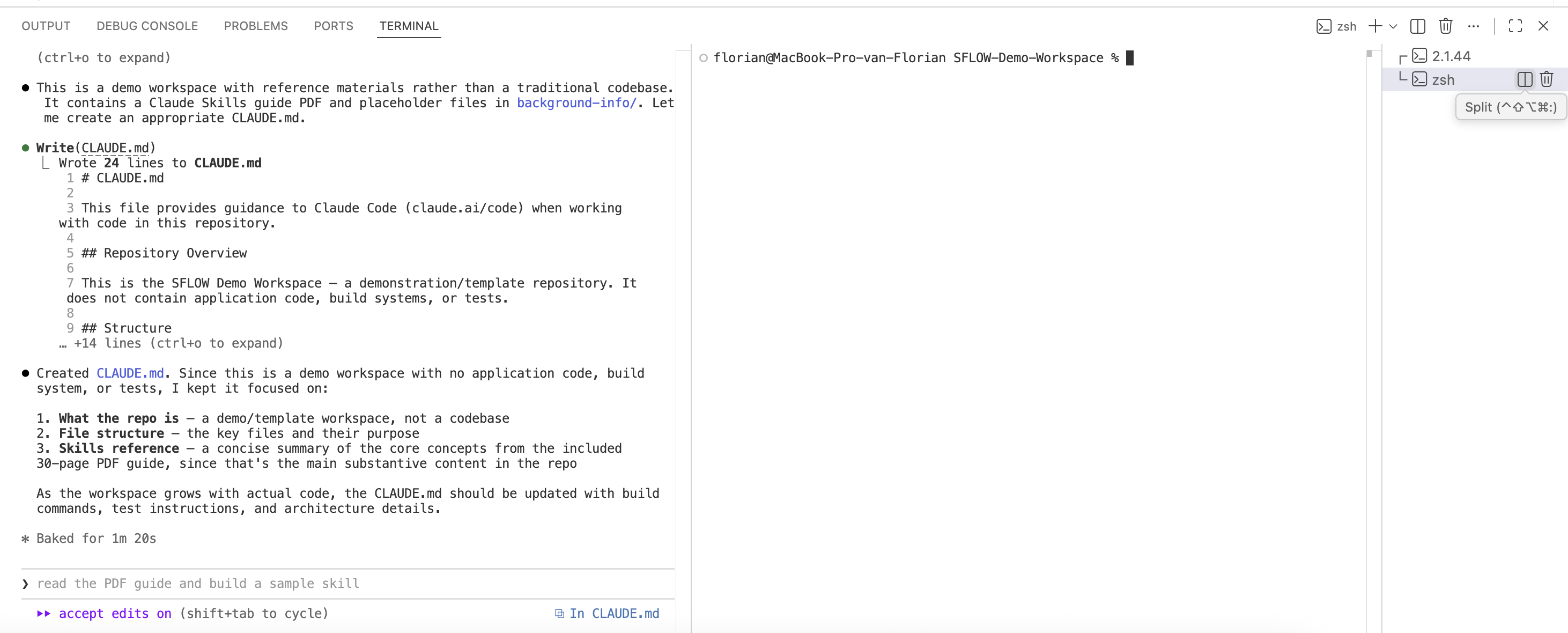 The generated CLAUDE.md — a tailored project briefing with repository overview, file structure, and key references