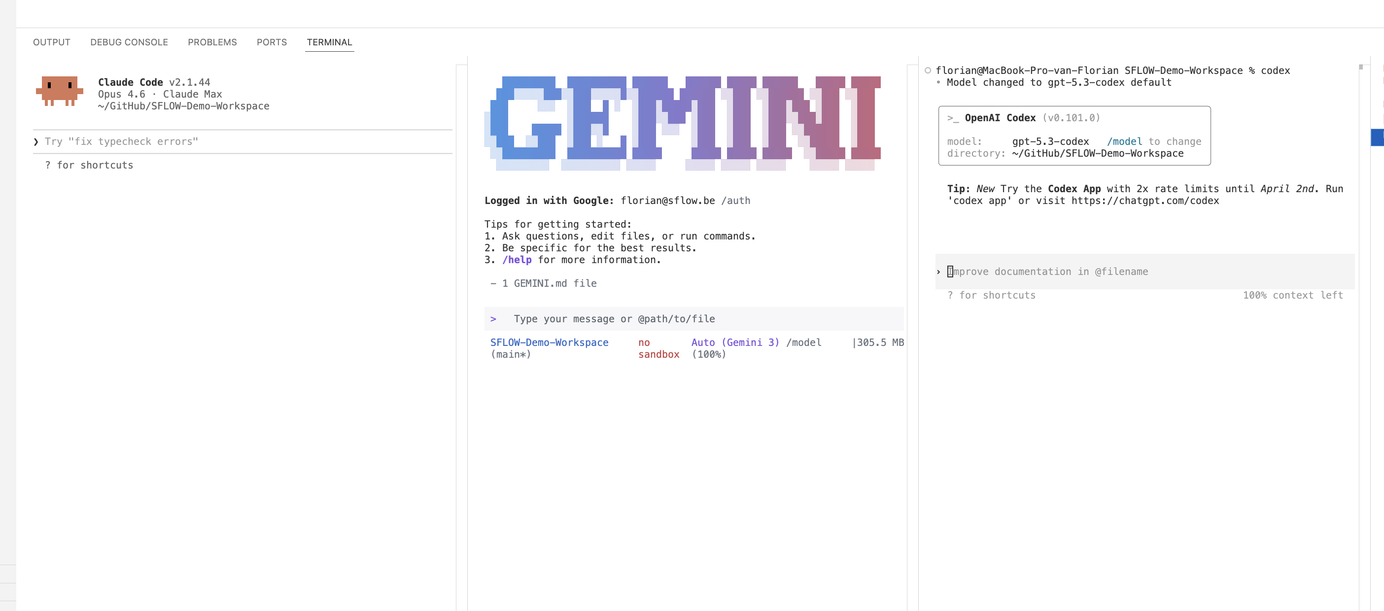 Three terminal AI agents — Claude Code, Gemini CLI, and OpenAI Codex — running simultaneously in VS Code