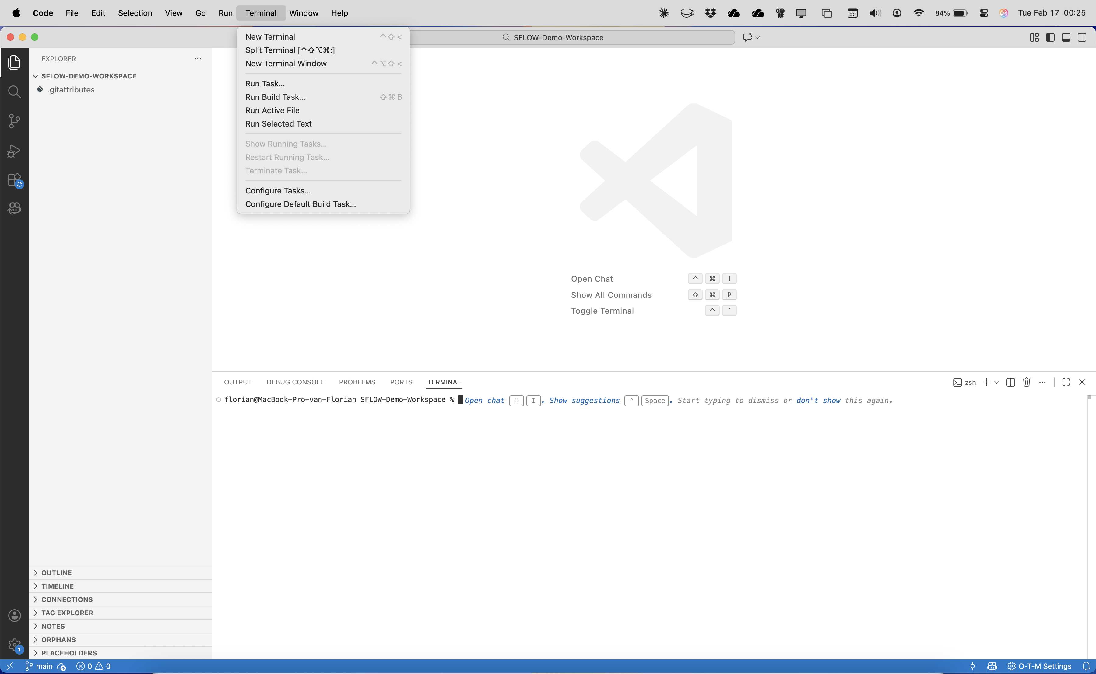 VS Code freshly opened with the SFLOW-Demo-Workspace, Terminal menu showing "New Terminal"